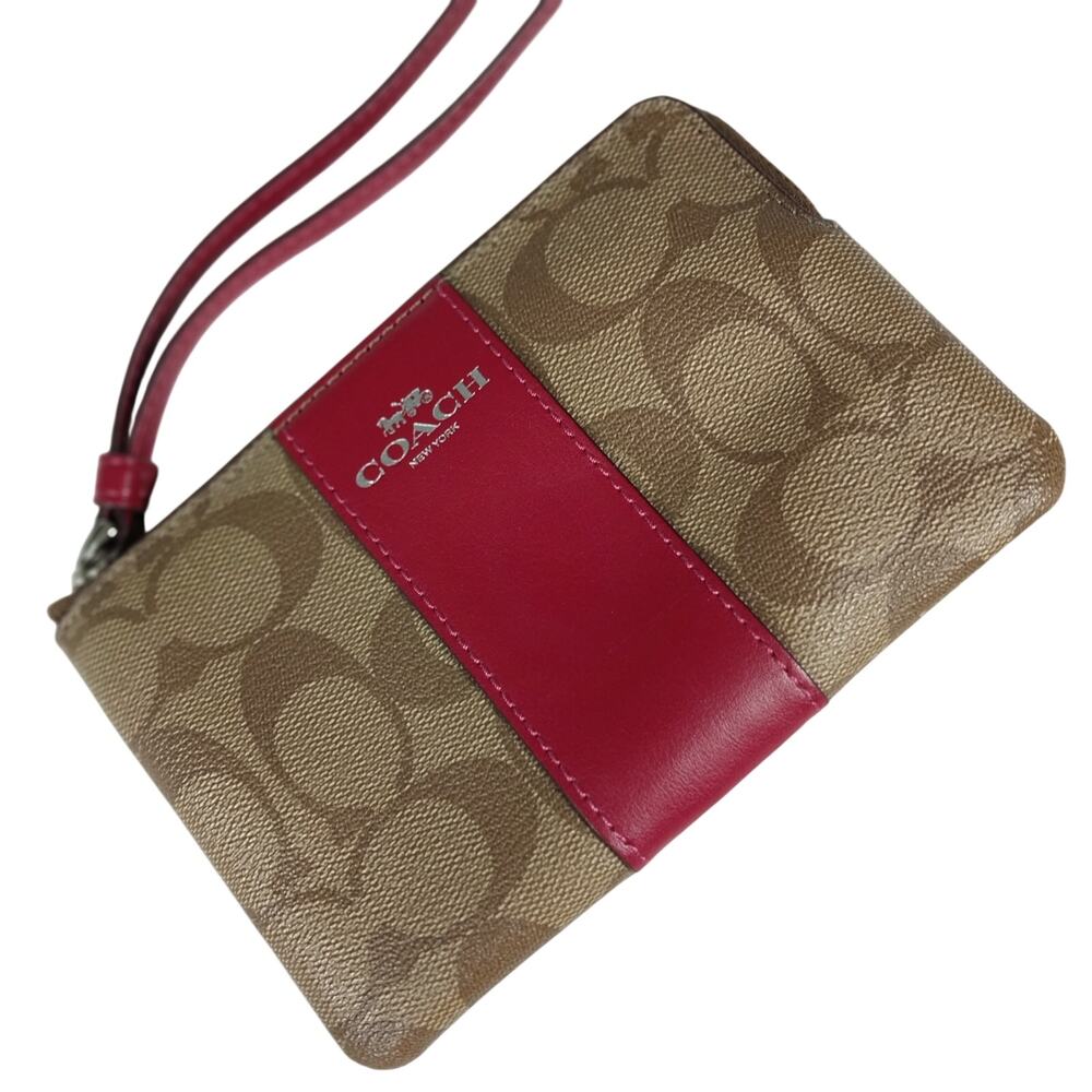 COACH Signature Canvas Wristlet in Khaki and Red
